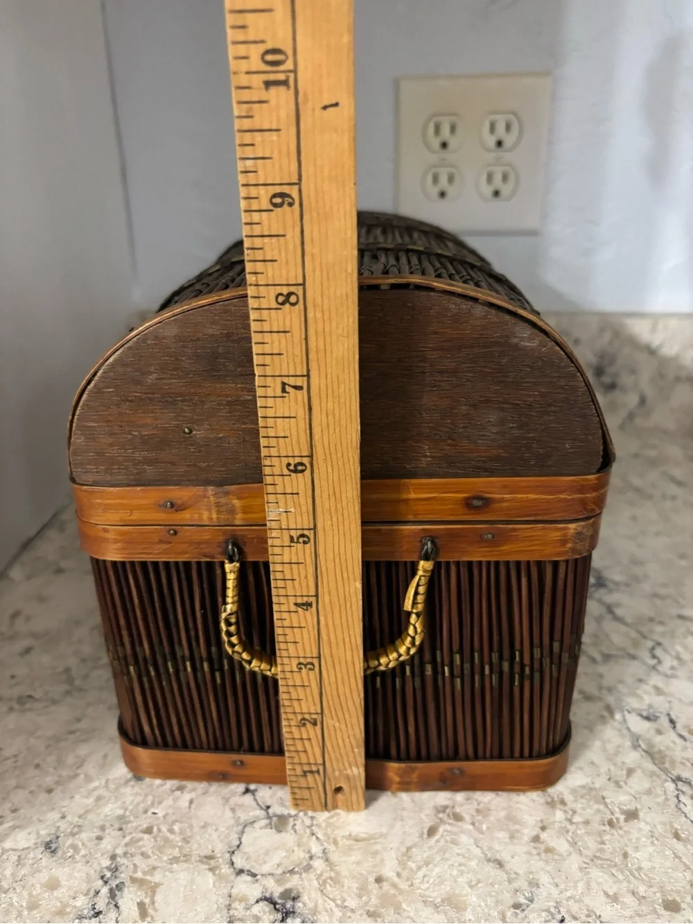 Vintage Wicker and Wood Domed Treasure Chest Trinket Box Storage Decor